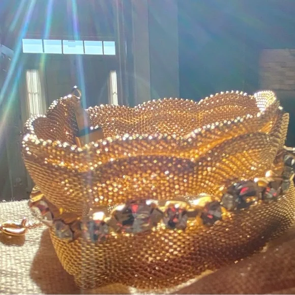 Wide Gold Mesh Bracelet with Clear Prong set Rhinestone Row. 7” - Picture 9 of 11